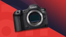 Canon EOS R5 Mark II on a red background